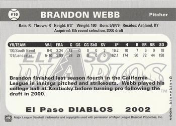2002 Grandstand El Paso Diablos #NNO Brandon Webb Back