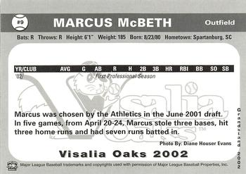 2002 Grandstand Visalia Oaks #NNO Marcus McBeth Back