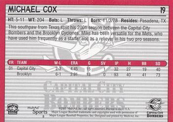 2002 MultiAd Capital City Bombers #5 Michael Cox Back