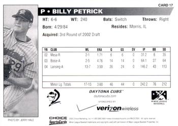 2005 Choice Daytona Cubs #17 Billy Petrick Back