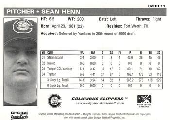 2005 Choice Columbus Clippers #11 Sean Henn Back