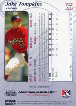 2005 Choice Lakewood BlueClaws #30 Jake Tompkins Back