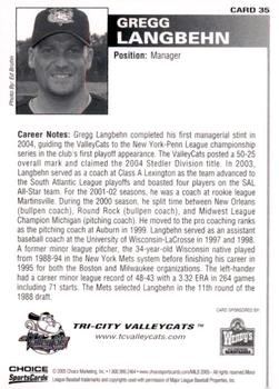 2005 Choice Tri-City ValleyCats #35 Gregg Langbehn Back