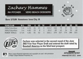 2006 Grandstand Vero Beach Dodgers #NNO Zachary Hammes Back