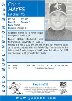 2006 MultiAd Burlington Bees #11 Chris Hayes Back