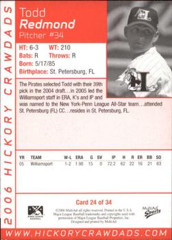 2006 MultiAd Hickory Crawdads #24b Todd Redmond Back