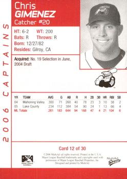 2006 MultiAd Lake County Captains #12 Chris Gimenez Back