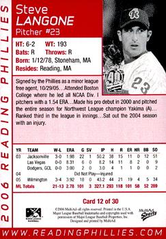 2006 MultiAd Reading Phillies #12 Steve Langone Back