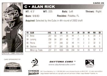 2007 Choice Daytona Cubs #20 Alan Rick Back