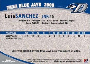 2008 Grandstand Dunedin Blue Jays #NNO Luis Sanchez Back