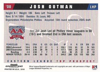 2008 Grandstand Eastern League Top Prospects #NNO Josh Outman Back