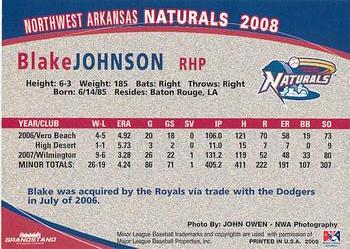 2008 Grandstand Northwest Arkansas Naturals #NNO Blake Johnson Back