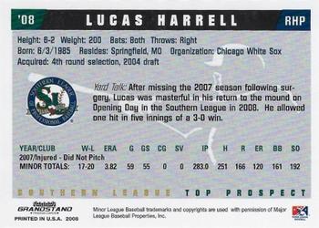 2008 Grandstand Southern League Top Prospects #NNO Lucas Harrell Back
