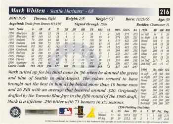 1997 Score Premium Stock #216 Mark Whiten Back