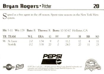1997 Best Richmond Braves SGA #20 Bryan Rogers Back