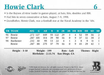 1999 Multi-Ad Bowie Baysox #6 Howie Clark Back