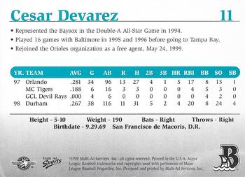 1999 Multi-Ad Bowie Baysox #11 Cesar Devarez Back