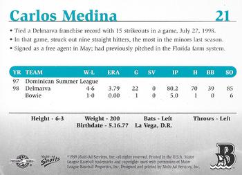 1999 Multi-Ad Bowie Baysox #21 Carlos Medina Back