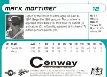 1999 Multi-Ad Myrtle Beach Pelicans #12 Mark Mortimer Back