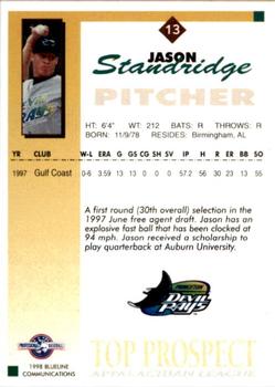 1998 Blueline Q-Cards Appalachian League Top Prospects #13 Jason Standridge Back