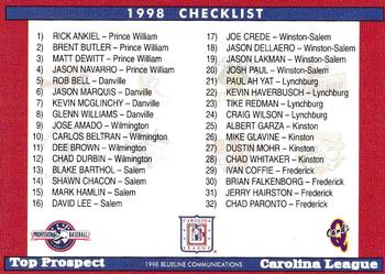 1998 Blueline Q-Cards Carolina League Top Prospects #NNO Carolina League Logo CL Back