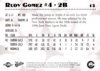 1998 Multi-Ad Columbus Clippers #13 Rudy Gomez Back