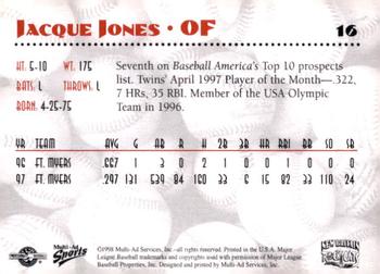 1998 Multi-Ad New Britain Rock Cats #16 Jacque Jones Back