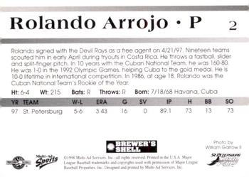 1998 Multi-Ad St. Petersburg Devil Rays #2 Rolando Arrojo Back