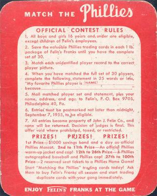 1955 Felin's Franks Match the Phillies #13 Steve Ridzik Back