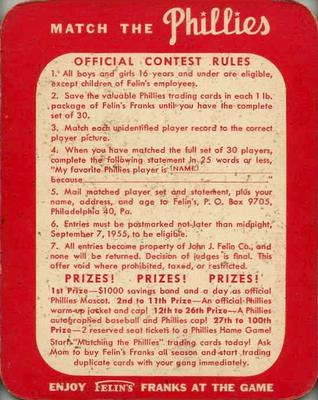 1955 Felin's Franks Match the Phillies #16 Herm Wehmeier Back