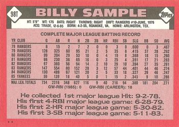 1986 Topps Traded #98T Billy Sample Back