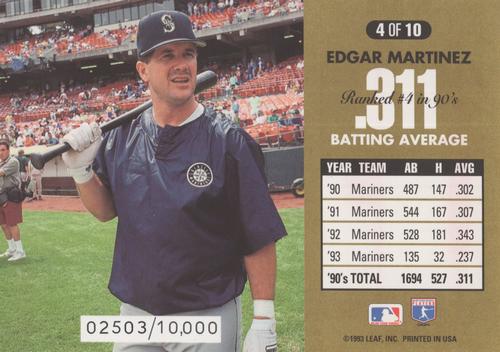 1994 Donruss - 90's Dominators: Batting Average Jumbo #4 Edgar Martinez Back