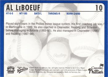 2000 Multi-Ad Clearwater Phillies #NNO Al LeBoeuf Back