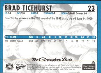 2000 Multi-Ad Greensboro Bats #23 Brad Ticehurst Back