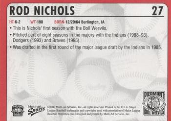 2000 Multi-Ad Piedmont Boll Weevils #27 Rod Nichols Back