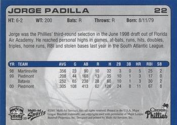 2001 Multi-Ad Clearwater Phillies #20 Jorge Padilla Back