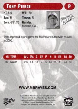 2001 Multi-Ad Macon Braves #25 Tony Pierce Back