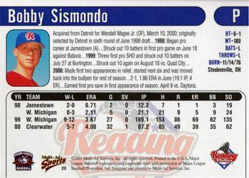 2001 Multi-Ad Reading Phillies #20 Bobby Sismondo Back