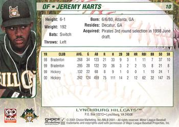 2001 Choice Lynchburg Hillcats #10 Jeremy Harts Back