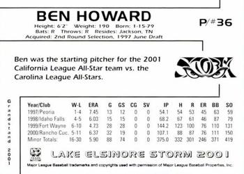 2001 Grandstand Lake Elsinore Storm #NNO Ben Howard Back