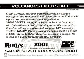 2001 Grandstand Salem-Keizer Volcanoes #2001 Fred Stanley / Steve Decker / Trevor Wilson Back