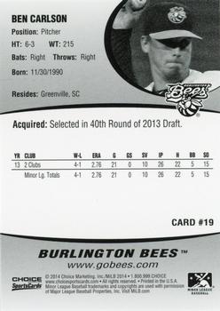 2014 Choice Burlington Bees #19 Ben Carlson Back