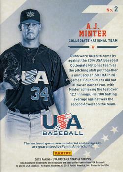 2015 Panini USA Baseball Stars & Stripes - Silhouettes Signature Jerseys Prime #2 A.J. Minter Back