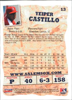 2012 Choice Salem Red Sox #13 Yeiper Castillo Back