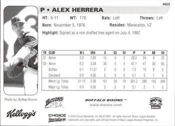 2003 Choice Buffalo Bisons #03 Alex Herrera Back