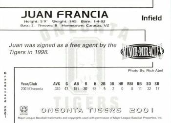 2001 Grandstand Oneonta Tigers #NNO Juan Francia Back