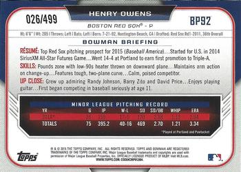 2015 Bowman - Prospects Silver #BP92 Henry Owens Back
