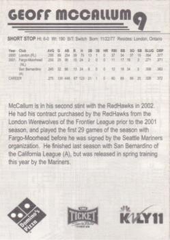 2002 Fargo-Moorhead RedHawks #NNO Geoff McCallum Back
