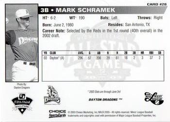 2003 Choice Midwest League All-Stars #28 Mark Schramek Back