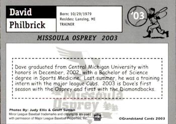 2003 Grandstand Missoula Osprey #'03 David Philbrick Back